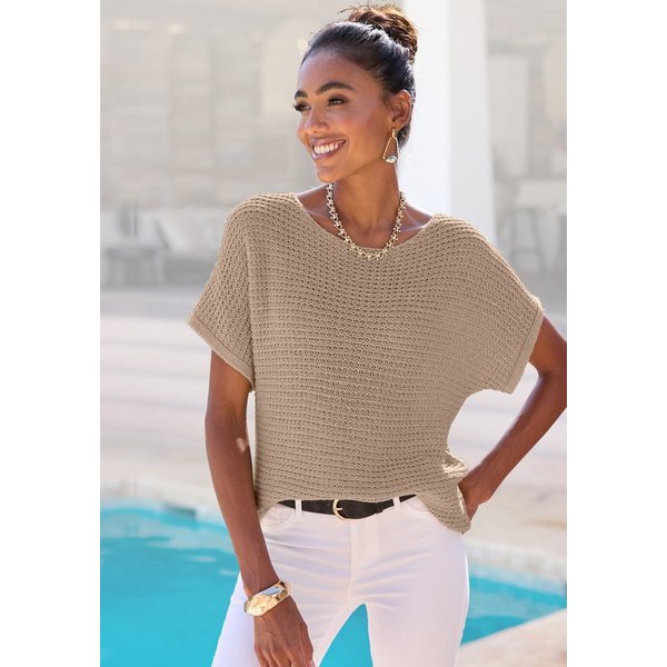 LASCANA Kurzarmpullover in lockerem Ajourstrick mit Metallic-Effekt leichter Sommerpullover, Pullover mit Lurexgarn, Oversize, Strickshirt