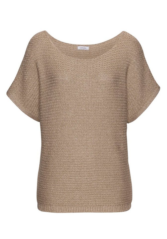 LASCANA Kurzarmpullover in lockerem Ajourstrick mit Metallic-Effekt leichter Sommerpullover, Pullover mit Lurexgarn, Oversize, Strickshirt – Bild 2 von 5