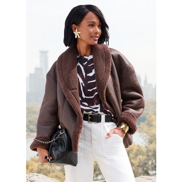 LASCANA Lederimitatjacke mit weichem Teddyfutter und Knopfleiste Kuschelige Übergangsjacke, Herbstjacke aus Kunstleder, Lammkunstfell