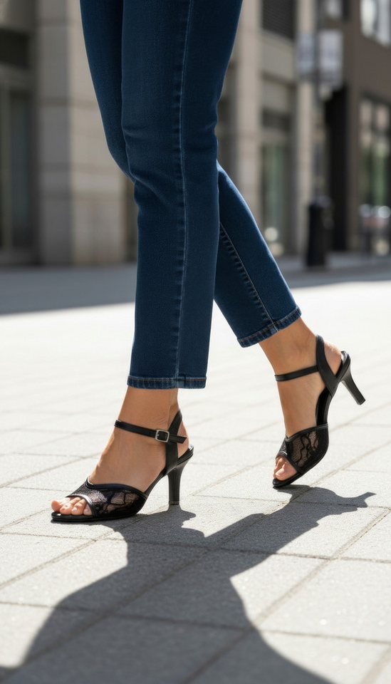 LASCANA Mid-Heel-Sandalette, Sandale, offener Schuh, Sommerschuh, Sandalette NEU mit floralem Design und Spitzeneinsatz VEGAN – Bild 2 von 5