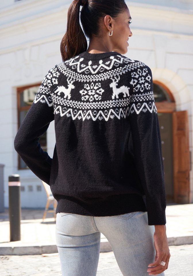LASCANA Norwegerpullover aus weichem Strick, warmer Rundhalspullover kuscheliger Weihnachtspullover, weicher Strickpullover mit Wintermotiv – Bild 3 von 5