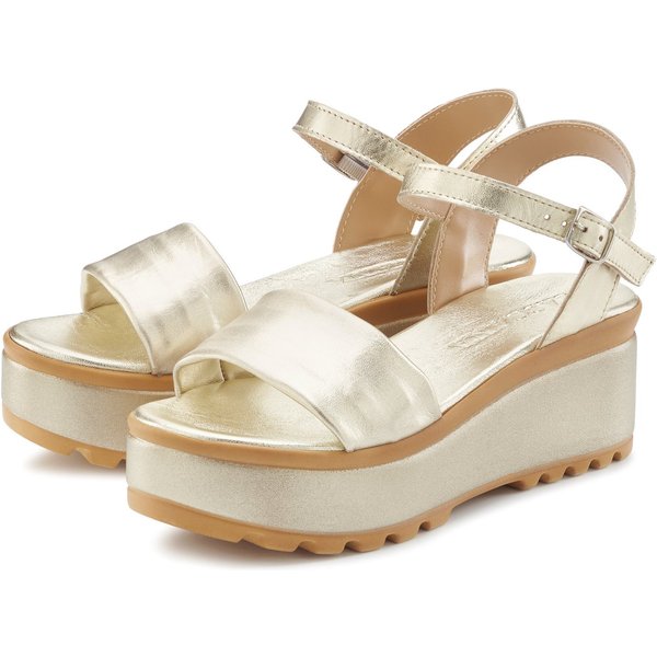 LASCANA Riemchensandalette, Sandale, Sommerschuh, offener Schuh, Sandalette aus Leder mit Keilabsatz