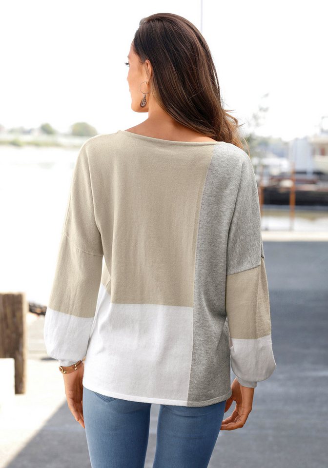 LASCANA Rundhalspullover mit Colorblock-Optik lässiger Damenpullover, Baumwollpullover, locker und kaschierend – Bild 3 von 5