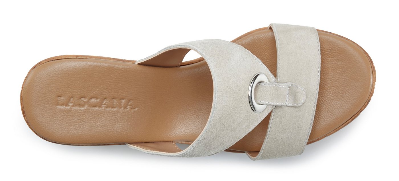 LASCANA Sandale, Mule, offener Schuh, Sommerschuh, Pantolette aus Leder mit Blockabsatz in Kork-Optik – Bild 4 von 5