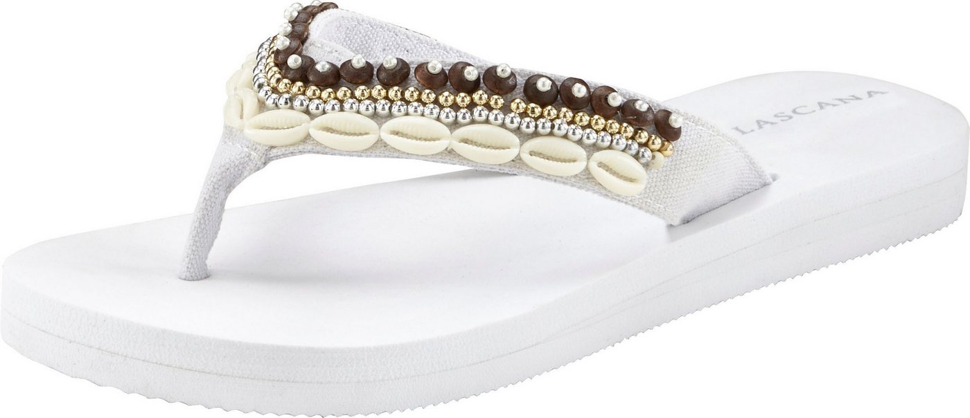 LASCANA Sandale, Badeschuh, Pantolette, Badelatsche, Flip Flop, Sommerschuh, Badezehentrenner Zehentrenner mit Muschel-Imitaten VEGAN – Bild 3 von 5