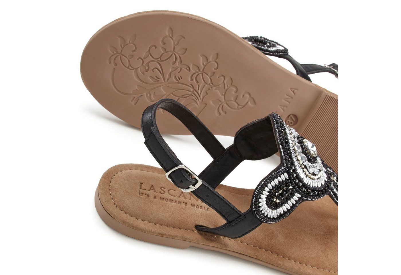 LASCANA Sandalette, Sommerschuh, offener Schuh, Zehentrenner Sandale, Pantolette in Glitzer-Optik und softer Lederinnensohle – Bild 5 von 5