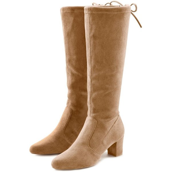 LASCANA Schlupfboots, Slouchy Boots, Slip-On, Schlupfstiefel aus stretchigem Material mit Blockabsatz in elegantem Design