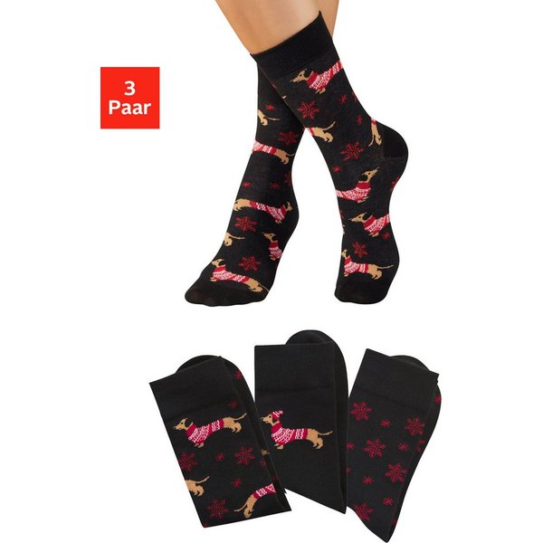 LASCANA Socken (Packung, 3-Paar) mit weihnachtlichem Dackelmotiv