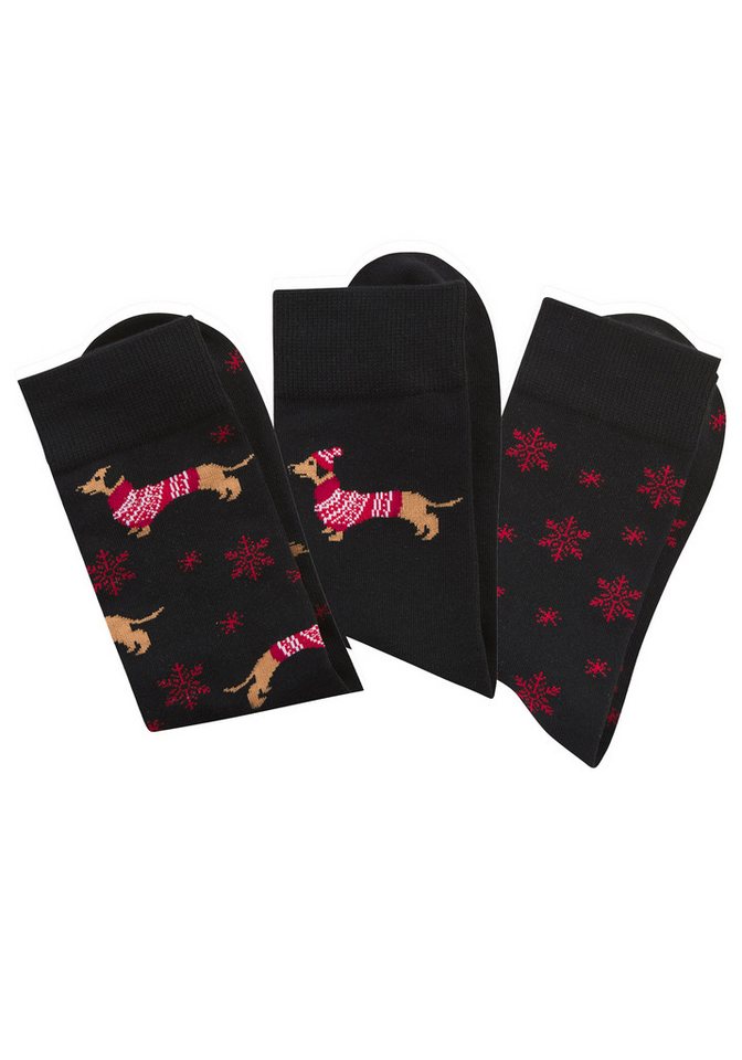 LASCANA Socken (Packung, 3-Paar) mit weihnachtlichem Dackelmotiv – Bild 2 von 5