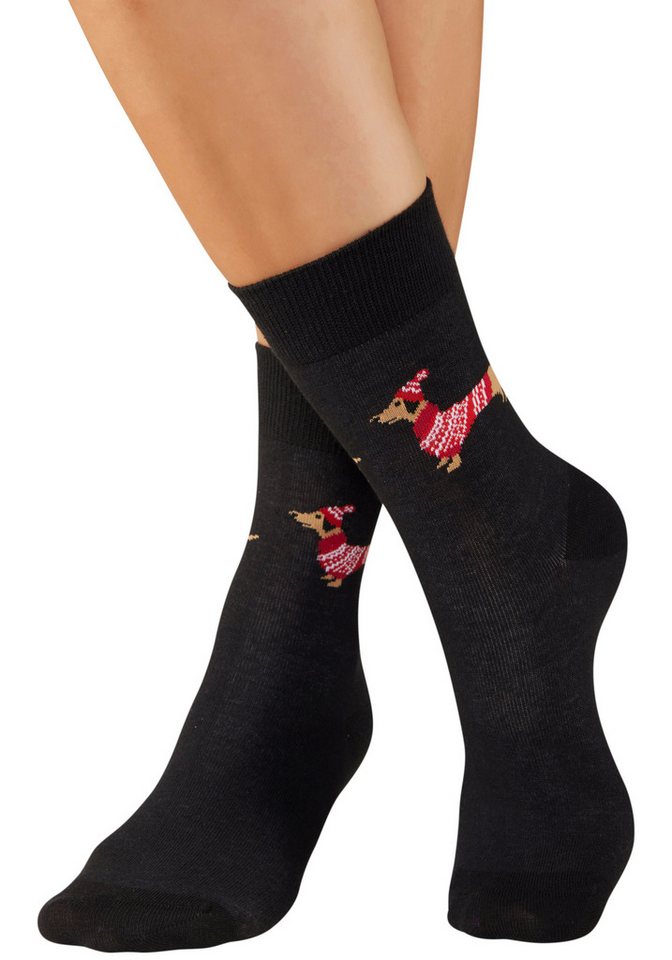 LASCANA Socken (Packung, 3-Paar) mit weihnachtlichem Dackelmotiv – Bild 3 von 5