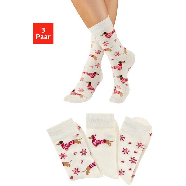 LASCANA Socken (Packung, 3-Paar) mit weihnachtlichem Dackelmotiv