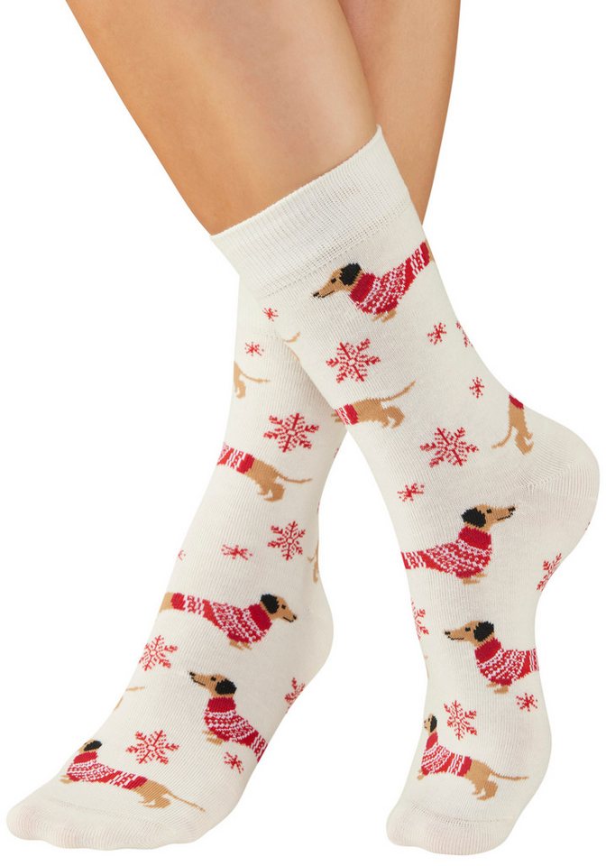 LASCANA Socken (Packung, 3-Paar) mit weihnachtlichem Dackelmotiv – Bild 4 von 5