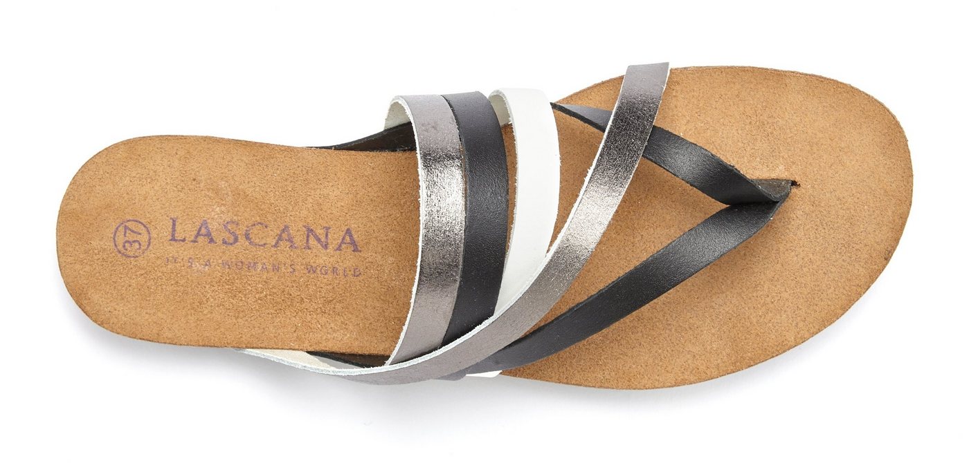 LASCANA Sommerschuh, offener Schuh, Pantolette, Sandale, Zehentrenner aus Leder mit Korkfußbett – Bild 4 von 5