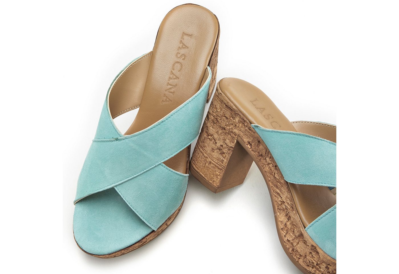LASCANA Sommerschuh, offener Schuh, Sandalette, Mule, Pantolette aus Leder mit Blockabsatz in Kork-Optik – Bild 4 von 5