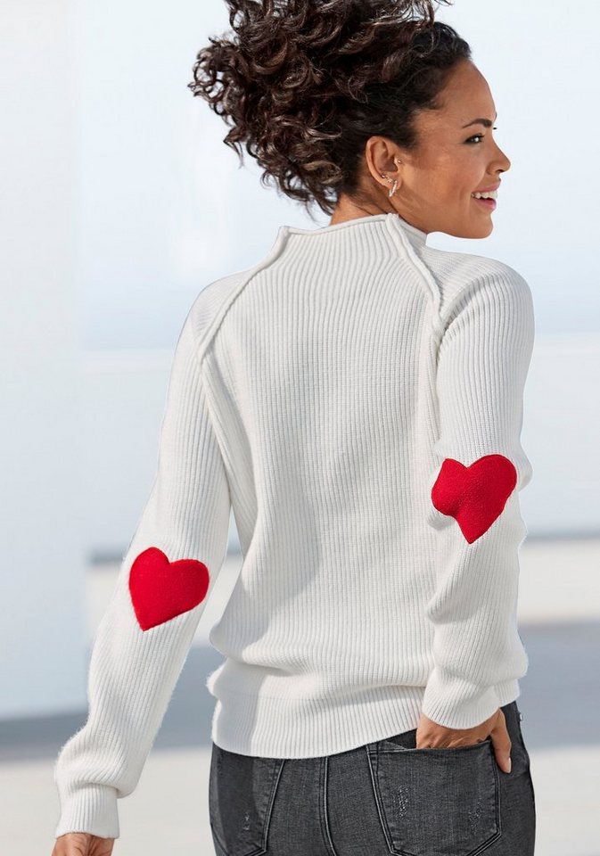 LASCANA Stehkragenpullover mit Herzchendetails am Ellenbogen kuscheliger Pullover, lockerer Strickpullover, ausgefallener Pullover – Bild 3 von 5