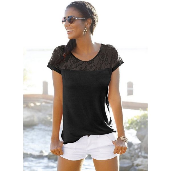 LASCANA Strandshirt mit Spitzeneinsatz, T-Shirt, Kurzarmshirt, feminin-modisch