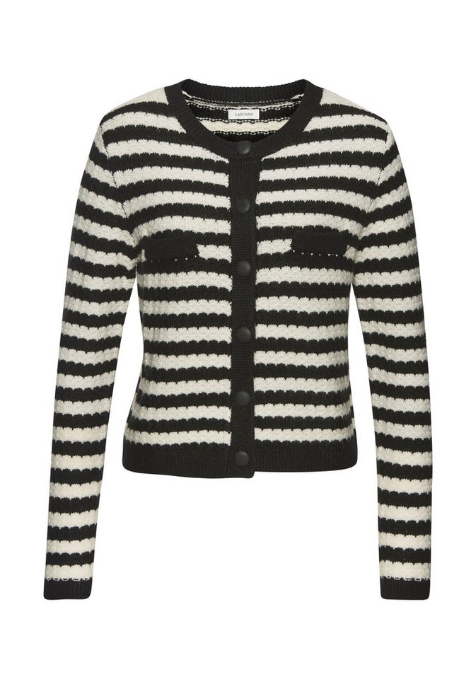 LASCANA Strickjacke mit Streifenmuster, Kontrastbündchen, markante Knopfleiste – Bild 2 von 5