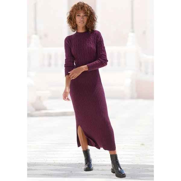 LASCANA Strickkleid mit Zopfmuster, seitlicher Schlitz, elegantes Pulloverkleid Langarm, Midikleid aus weichem Strick, figurbetont, herbstlich, casual