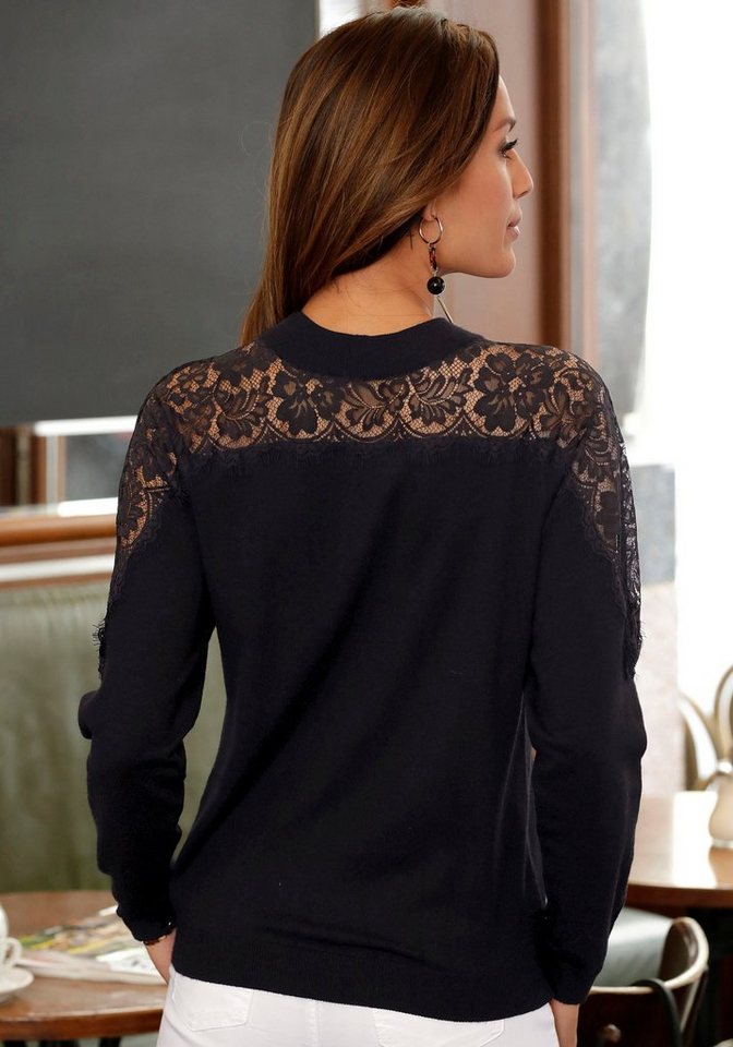 LASCANA Strickpullover mit transparentem Spitzeneinsatz eleganter Damenpullover mit Spitze, Rundhalspullover, festlich – Bild 3 von 5