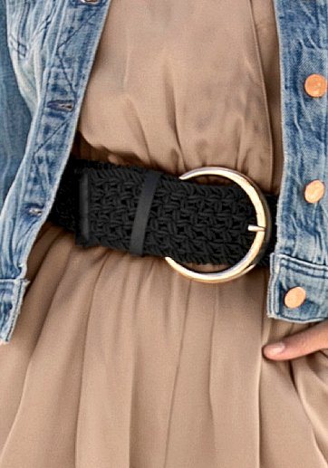 LASCANA Taillengürtel Stoffgürtel, Gürtel für Kleid & Overall, Bauchgürtel in moderner Flecht-Optik mit großer goldfarbener Schnalle – Bild 4 von 5