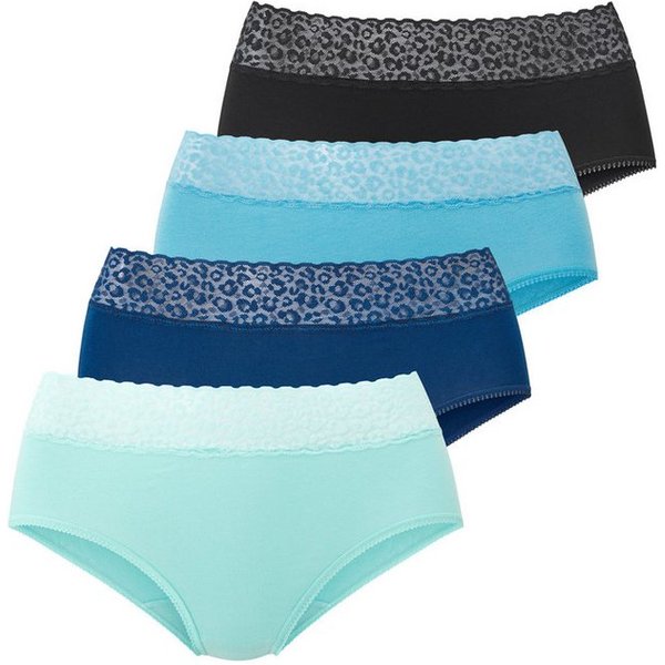 LASCANA Taillenslip (4er Pack) aus elastischer Baumwolle mit Leo-Spitze am Bund