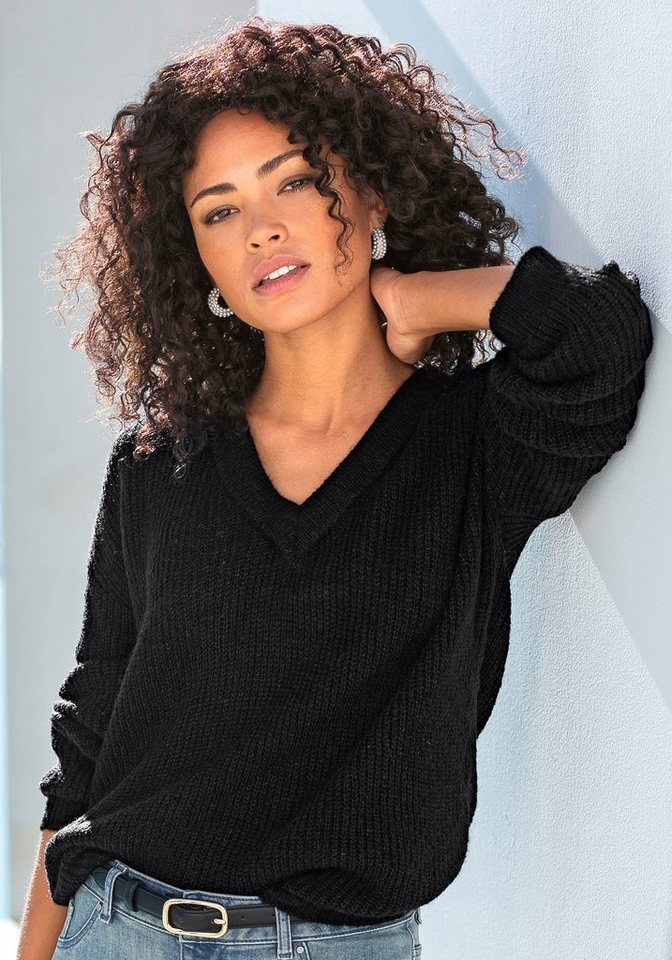 LASCANA V-Ausschnitt-Pullover mit Zierperlen im Rücken Leichter V-Pullover, femininer Strickpullover, kuschelig und elegant – Bild 3 von 5