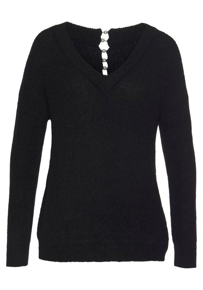 LASCANA V-Ausschnitt-Pullover mit Zierperlen im Rücken Leichter V-Pullover, femininer Strickpullover, kuschelig und elegant – Bild 4 von 5