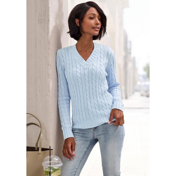 LASCANA V-Ausschnitt-Pullover mit Zopfstrickmuster gemütlicher Strickpullover, unifarbener Zopfpullover, klassische Form