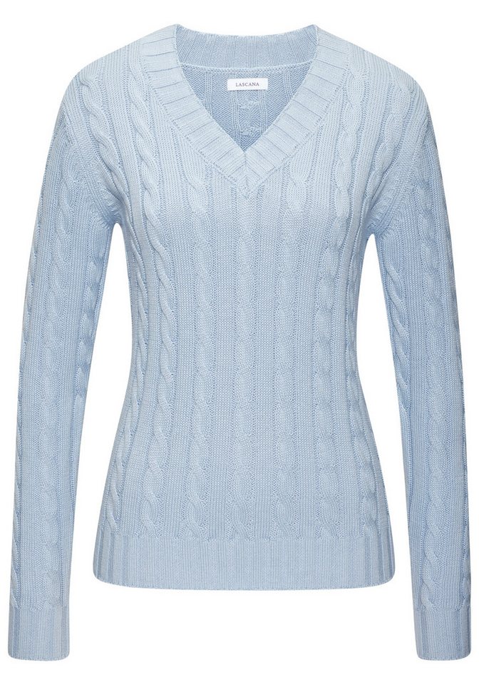 LASCANA V-Ausschnitt-Pullover mit Zopfstrickmuster gemütlicher Strickpullover, unifarbener Zopfpullover, klassische Form – Bild 2 von 5
