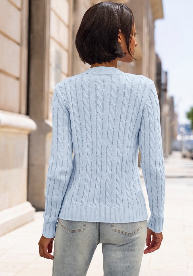 LASCANA V-Ausschnitt-Pullover mit Zopfstrickmuster gemütlicher Strickpullover, unifarbener Zopfpullover, klassische Form – Bild 3 von 5