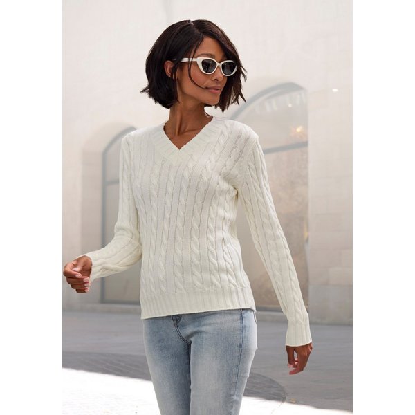 LASCANA V-Ausschnitt-Pullover mit Zopfstrickmuster gemütlicher Strickpullover, unifarbener Zopfpullover, klassische Form