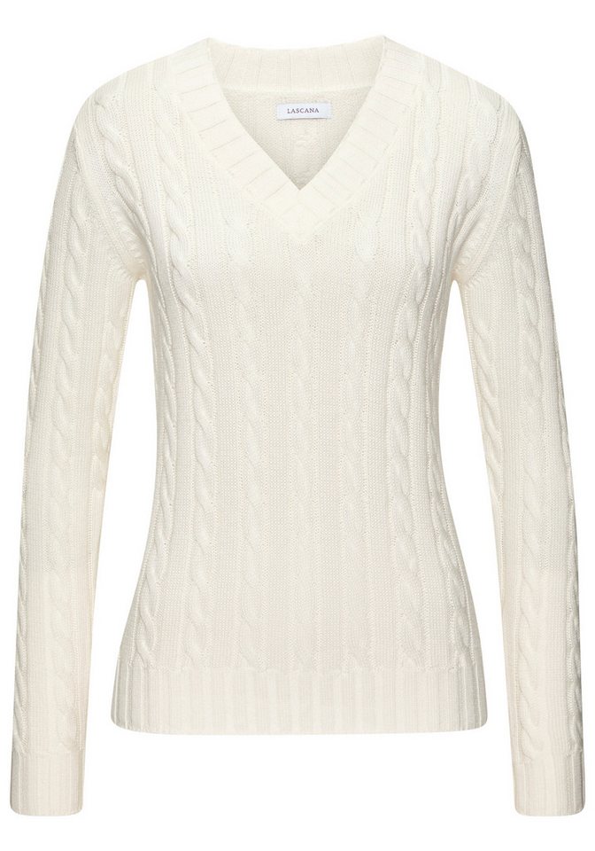 LASCANA V-Ausschnitt-Pullover mit Zopfstrickmuster gemütlicher Strickpullover, unifarbener Zopfpullover, klassische Form – Bild 2 von 5