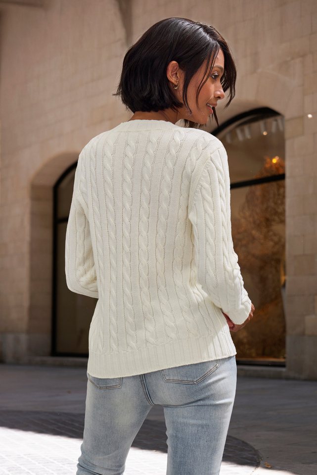 LASCANA V-Ausschnitt-Pullover mit Zopfstrickmuster gemütlicher Strickpullover, unifarbener Zopfpullover, klassische Form – Bild 3 von 5