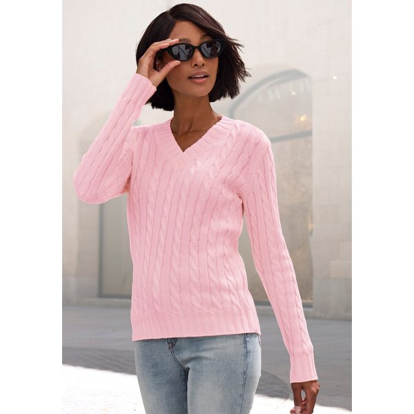 LASCANA V-Ausschnitt-Pullover mit Zopfstrickmuster gemütlicher Strickpullover, unifarbener Zopfpullover, klassische Form