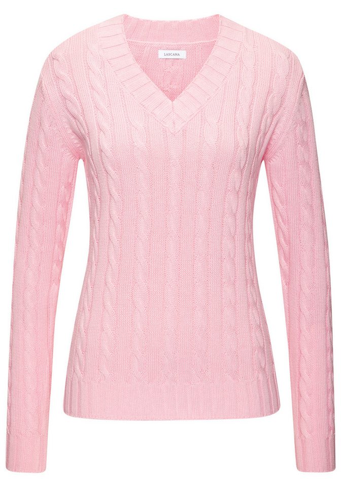 LASCANA V-Ausschnitt-Pullover mit Zopfstrickmuster gemütlicher Strickpullover, unifarbener Zopfpullover, klassische Form – Bild 2 von 5