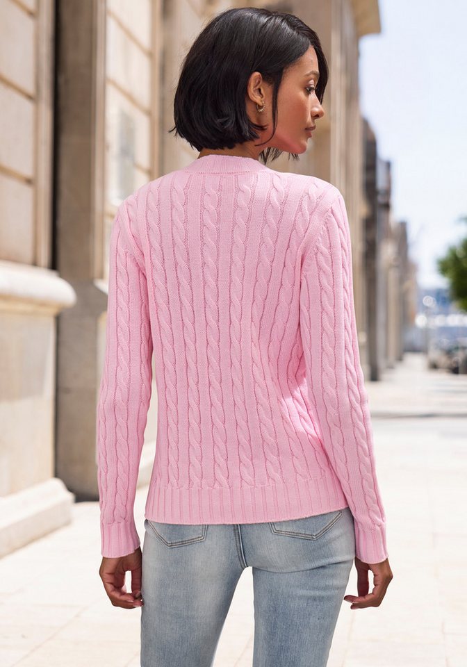 LASCANA V-Ausschnitt-Pullover mit Zopfstrickmuster gemütlicher Strickpullover, unifarbener Zopfpullover, klassische Form – Bild 3 von 5
