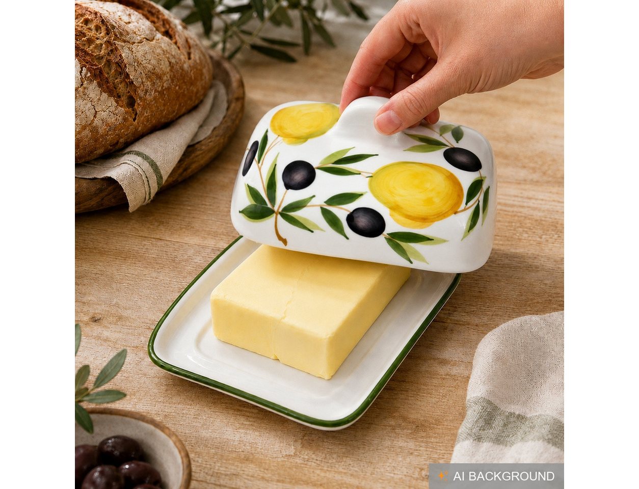 Lashuma Butterdose Zitrone Olive, Keramik, (1-tlg., 12 x 9 cm), Butterschale klein für 125 g Butter – Bild 5 von 5