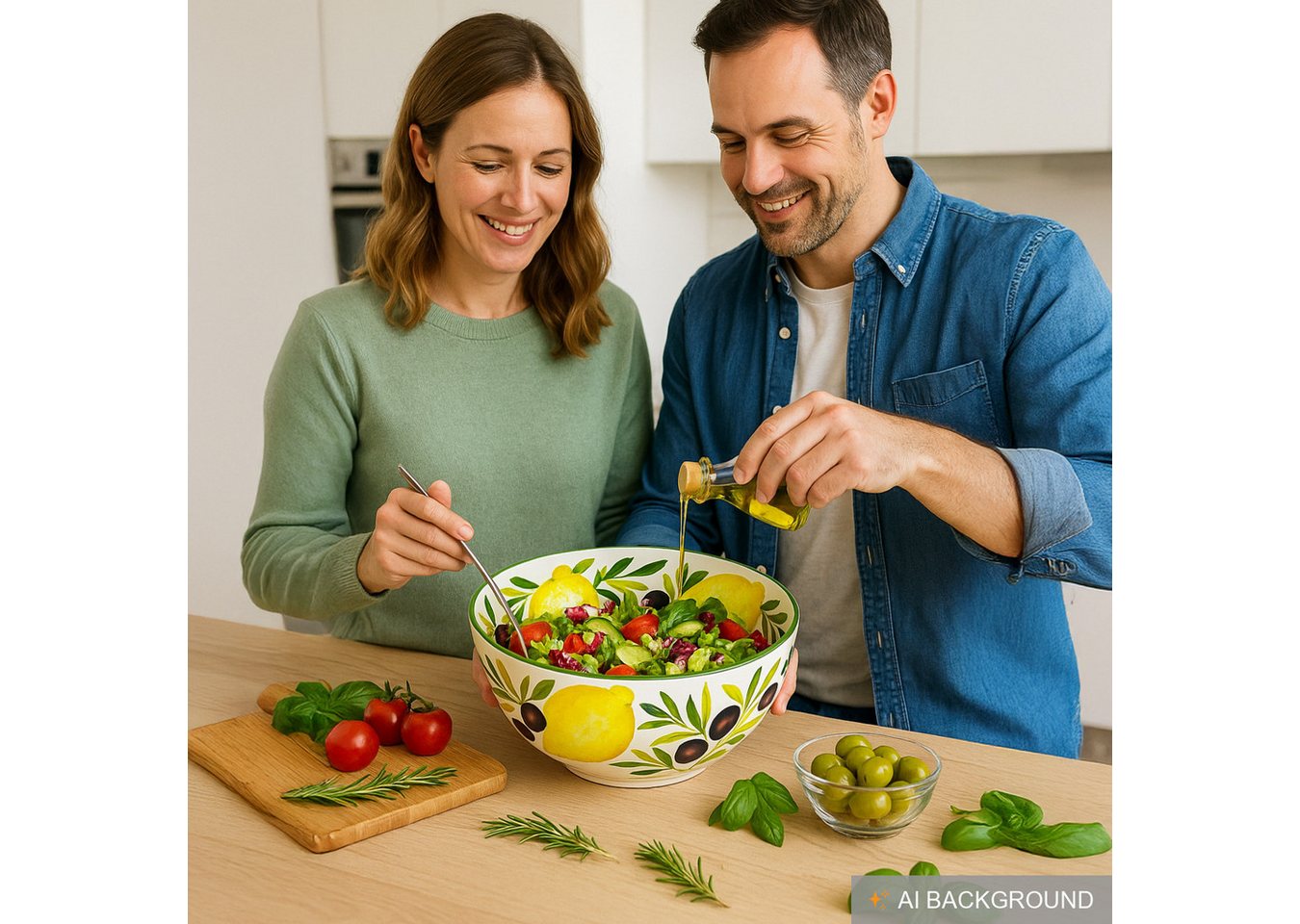 Lashuma Salatschüssel Zitrone Olive, Keramik, (1-tlg), Große Backschüssel handbemalt Ø 26 cm – Bild 3 von 5