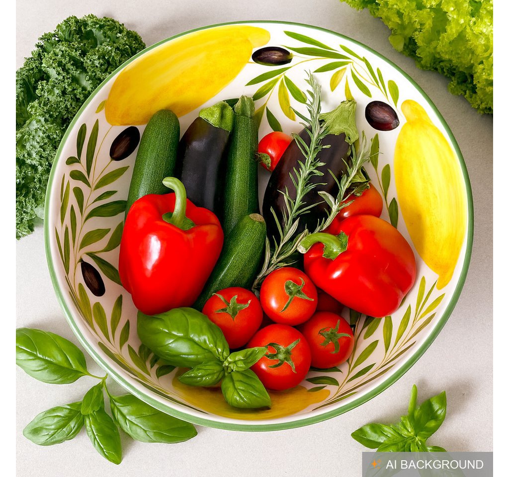Lashuma Salatschüssel Zitrone Olive, Keramik, (1-tlg), Große Backschüssel handbemalt Ø 26 cm – Bild 4 von 5
