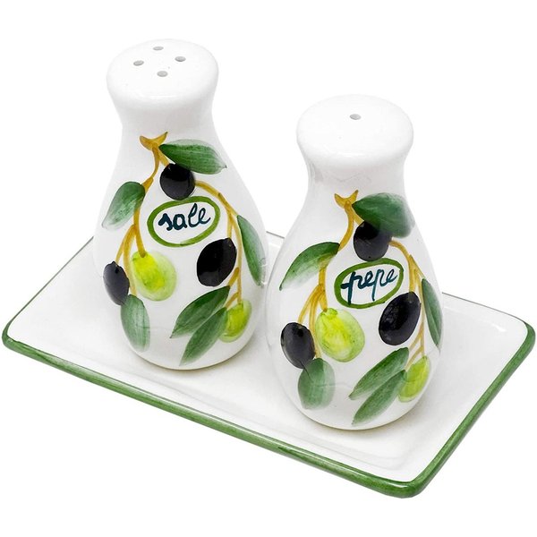 Lashuma Salz- / Pfefferstreuer Olive, (Set, 3-tlg), Gewürzstreuer Set mit Tablett, Größe: 14x8 cm