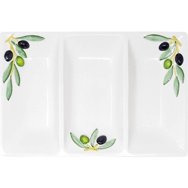 Lashuma Servierteller Olive, Keramik, (1-tlg., 31 x 21 cm), Dreigeteilter Partyteller eckig für Snacks