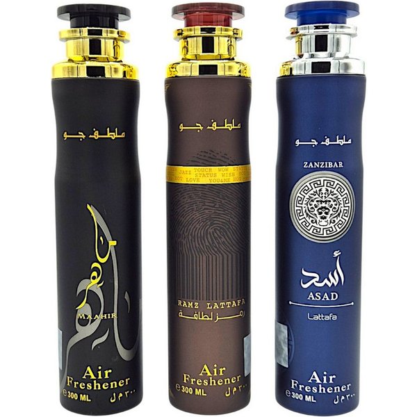 Lattafa Raumduft Raumspray Lufterfrischer Asad Zanzibar, Ramz Gold, Maahir Black 3er