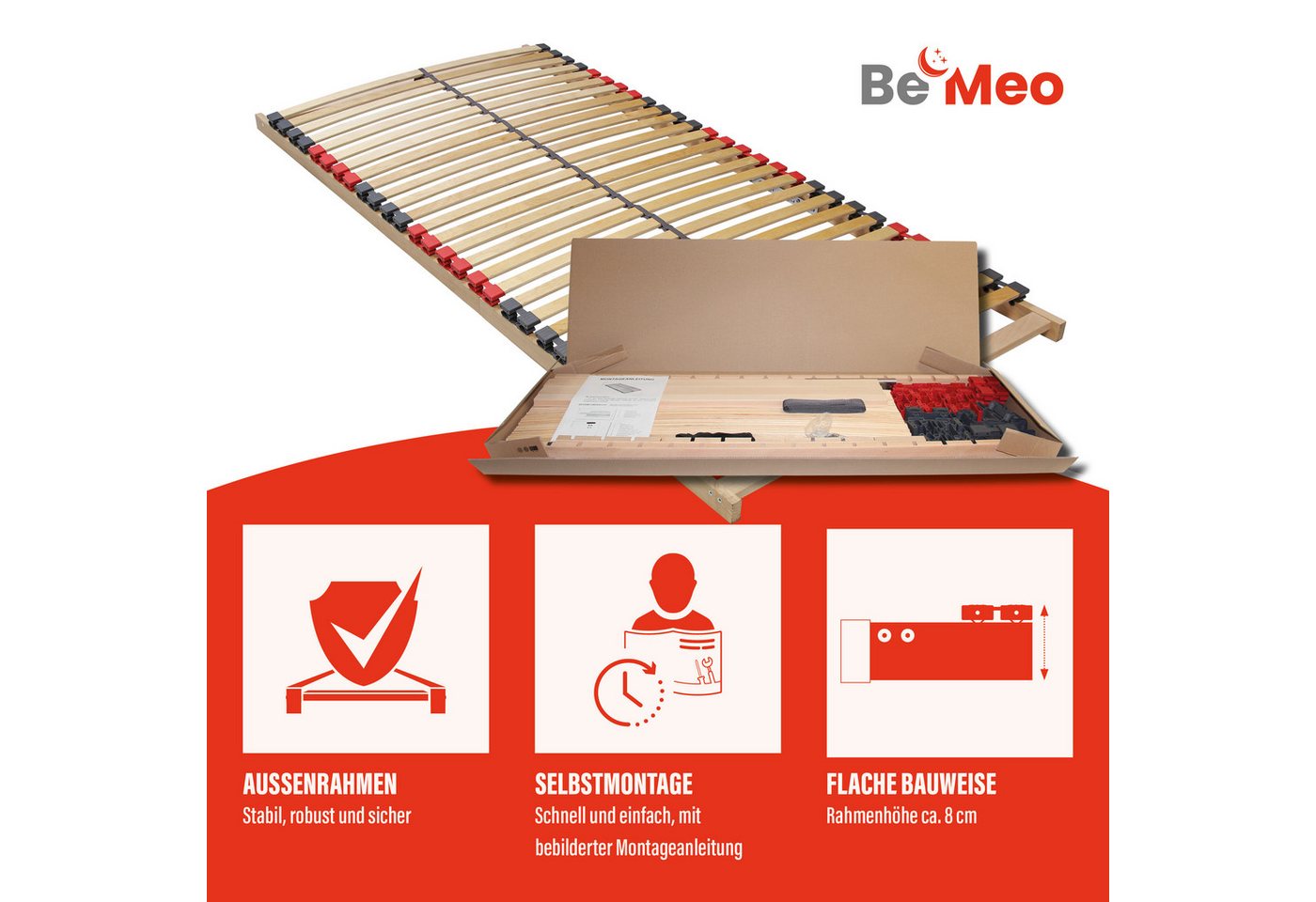 Lattenrost BeMeo Basic 80x200 Extra Stabil bis 130kg, BeMeo, 7 ergonomische Liegezonen mit 28 Leisten Made in Germany – Bild 2 von 5
