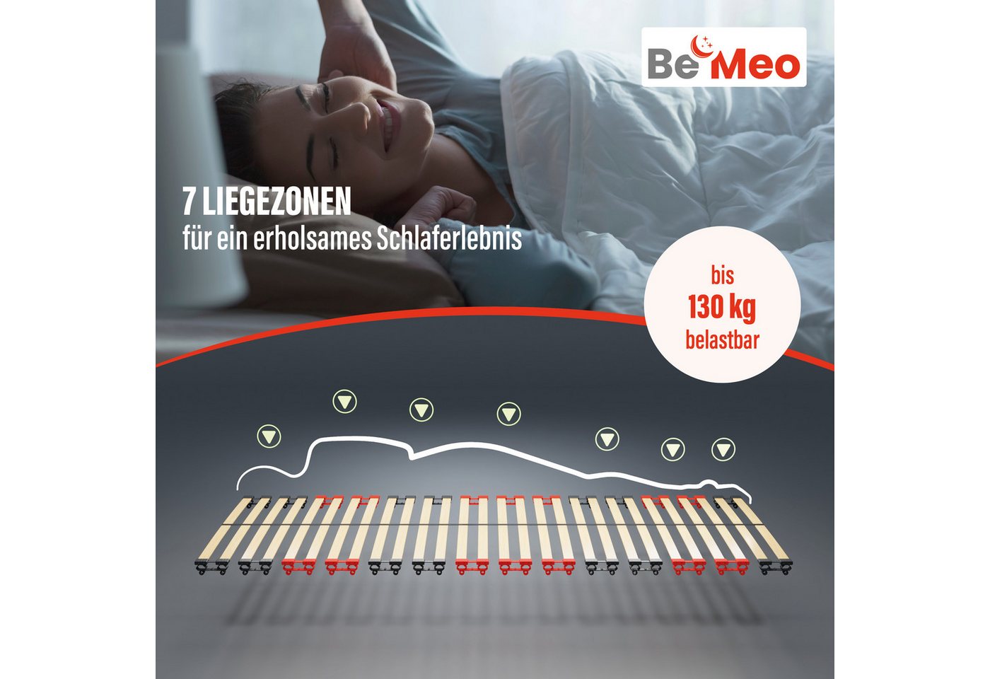 Lattenrost BeMeo Basic 80x200 Extra Stabil bis 130kg, BeMeo, 7 ergonomische Liegezonen mit 28 Leisten Made in Germany – Bild 3 von 5