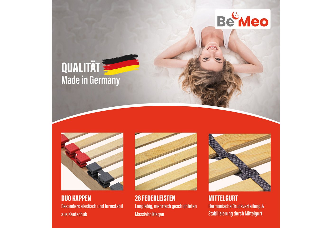 Lattenrost BeMeo Basic 80x200 Extra Stabil bis 130kg, BeMeo, 7 ergonomische Liegezonen mit 28 Leisten Made in Germany – Bild 4 von 5