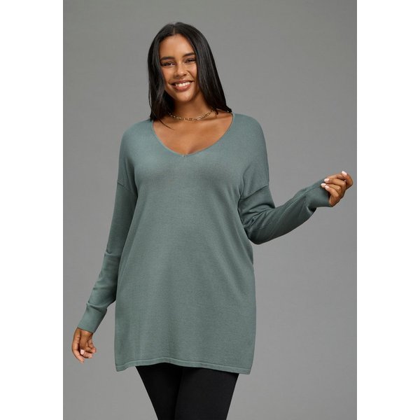 Laura Scott CURVE Longpullover Große Größen aus fließendem Feinstrick mit schönem V-Ausschnitt