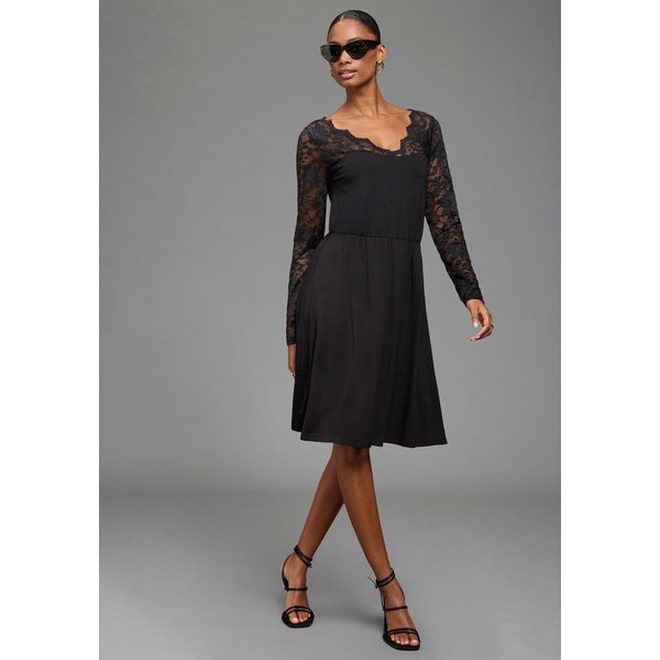 Laura Scott Spitzenkleid mit elastischer Taille aus Viskose-Jersey, figurbetonte Passform mit schwingendem Rock