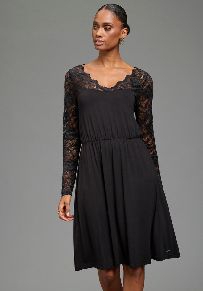 Laura Scott Spitzenkleid mit elastischer Taille aus Viskose-Jersey, figurbetonte Passform mit schwingendem Rock – Bild 3 von 5