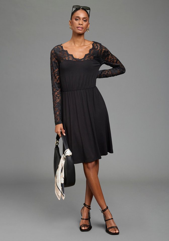 Laura Scott Spitzenkleid mit elastischer Taille aus Viskose-Jersey, figurbetonte Passform mit schwingendem Rock – Bild 5 von 5