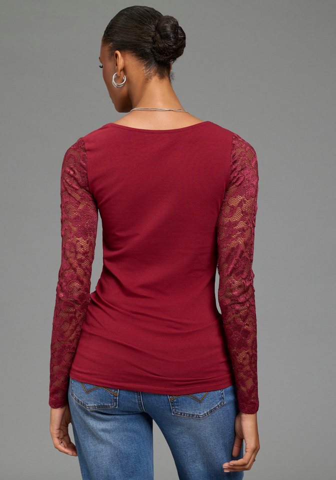 Laura Scott Spitzenshirt mit tiefem V-Ausschnitt, Langarm sehr figurbetonte Passform, ohne Bündchen am Ärmelabschluss – Bild 2 von 5